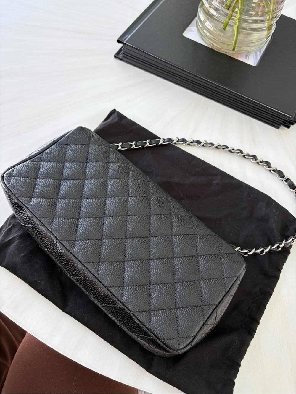 CHANEL Black Quilted Caviar Leather Shoulder Bag with Silver Hardware